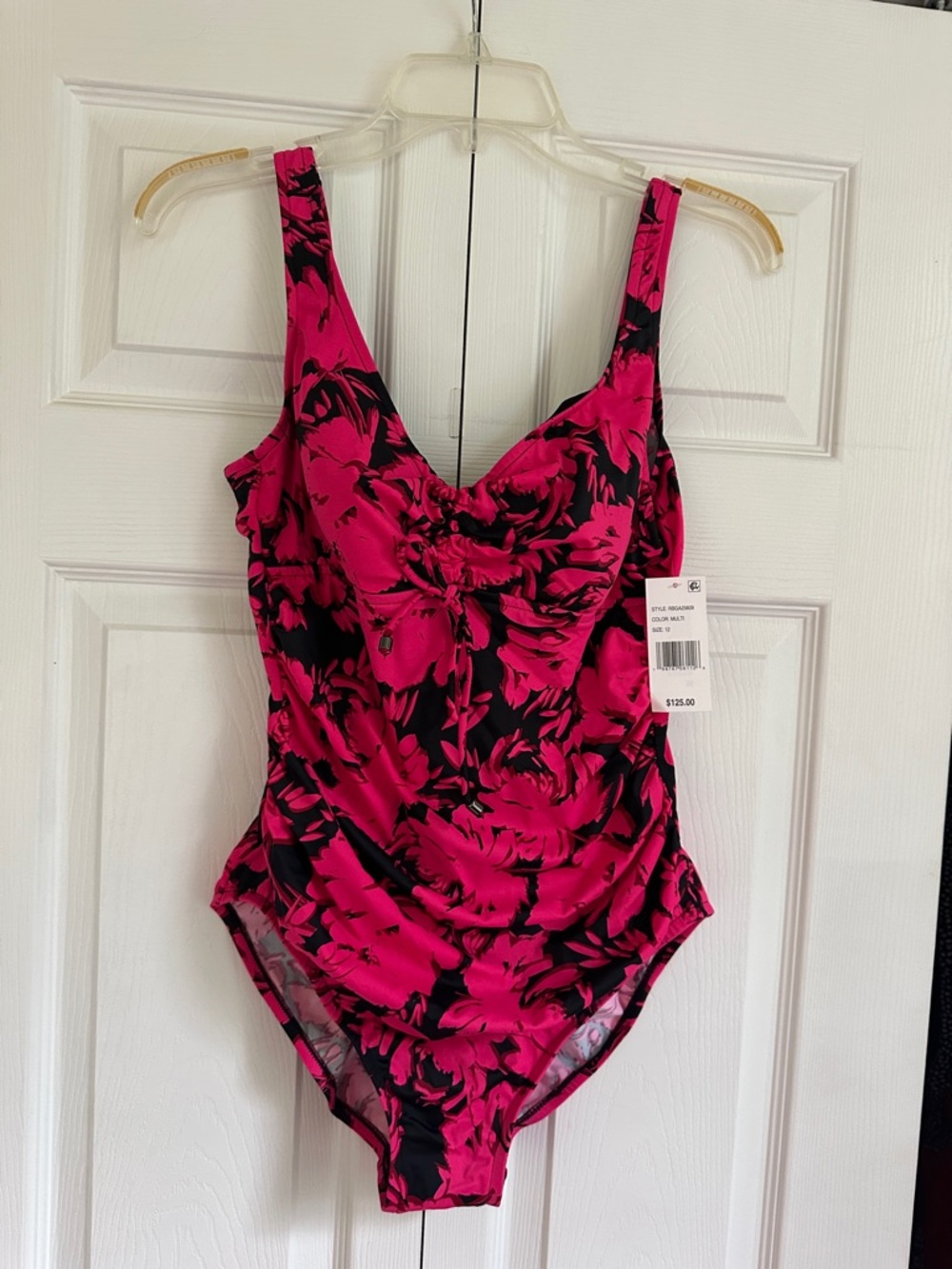 Aqua Green Hot Pink and Black Floral One-Piece Swimsuit